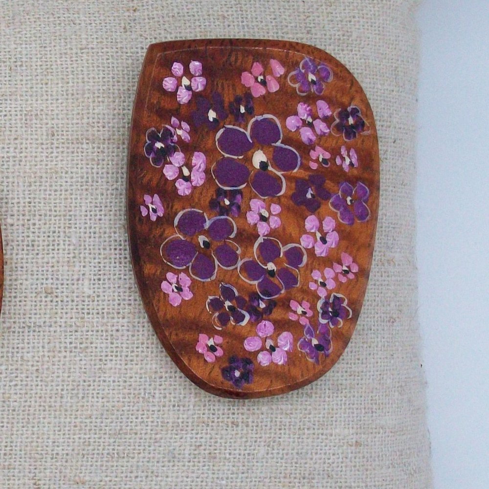 Vintage Hand Painted Purple Pink Violet Blossoms Koa Wood Brooch Pin Signed